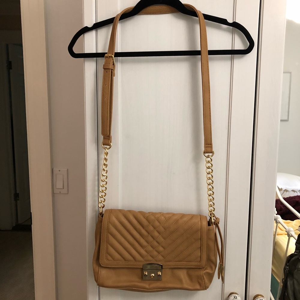 Tan cross body bag with gold chain